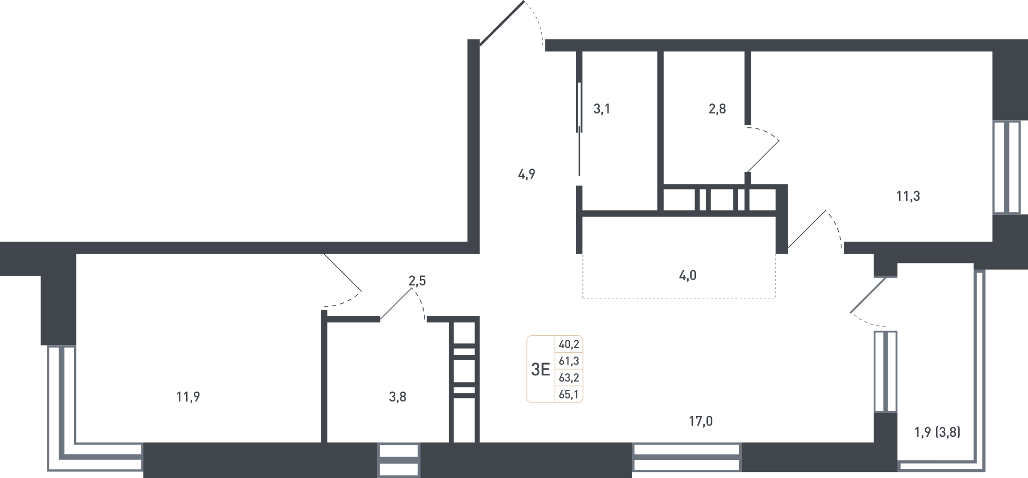 3 комн. квартира, 63.2 м², 5 этаж 