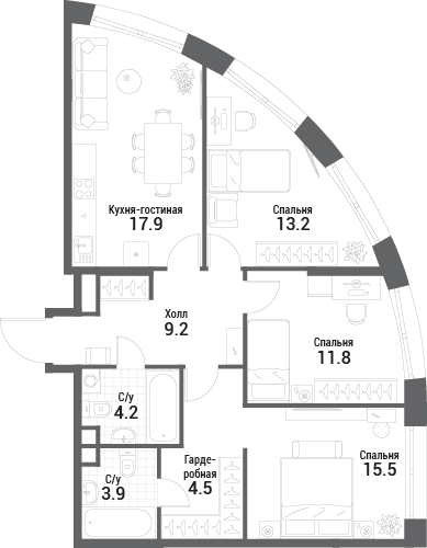 3 комн. квартира, 80.2 м², 12 этаж 