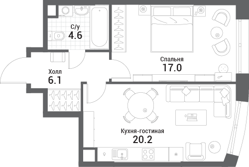 1 комн. квартира, 47.9 м², 20 этаж 