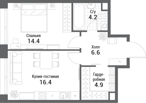 1 комн. квартира, 46.5 м², 30 этаж 