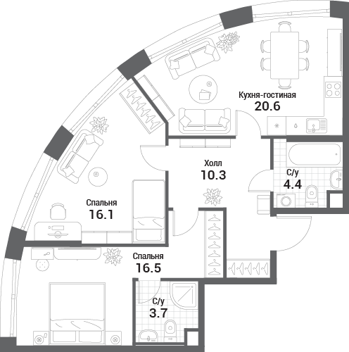 2 комн. квартира, 71.6 м², 30 этаж 