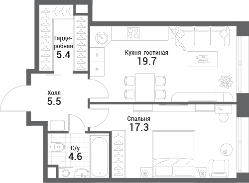 1 комн. квартира, 52.5 м², 33 этаж 