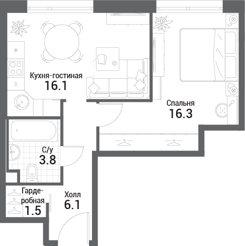 1 комн. квартира, 43.8 м², 30 этаж 