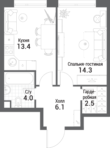 1 комн. квартира, 40.3 м², 34 этаж 