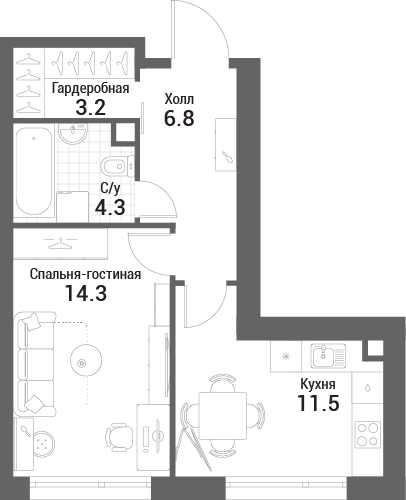 1 комн. квартира, 40.1 м², 35 этаж 