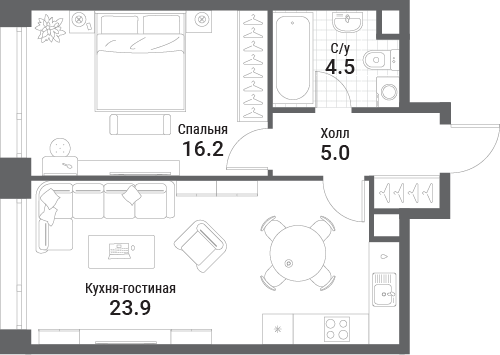 1 комн. квартира, 49.6 м², 32 этаж 