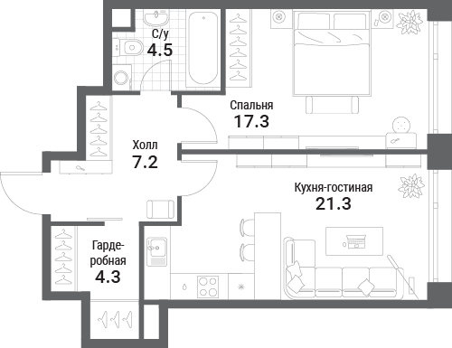1 комн. квартира, 54.6 м², 24 этаж 