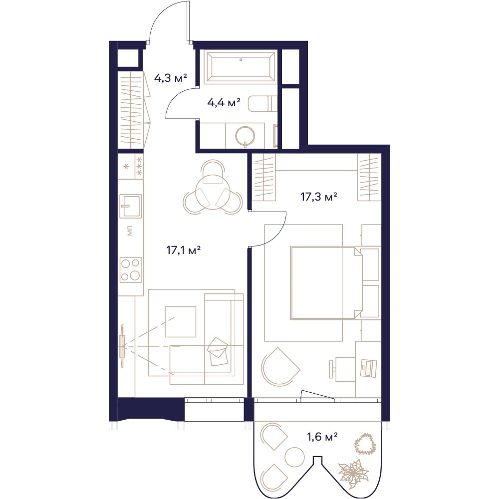 1 комн. квартира, 44.7 м², 9 этаж 