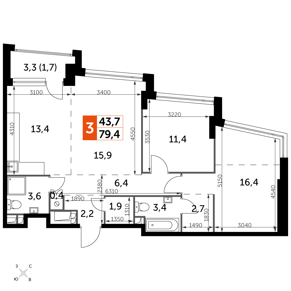 3 комн. квартира, 79.4 м², 18 этаж 