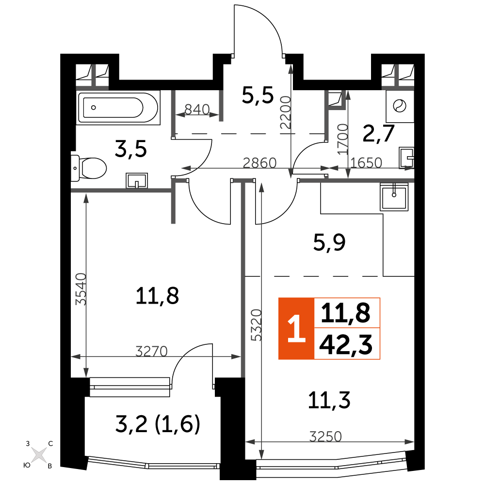 1 комн. квартира, 42.3 м², 3 этаж 