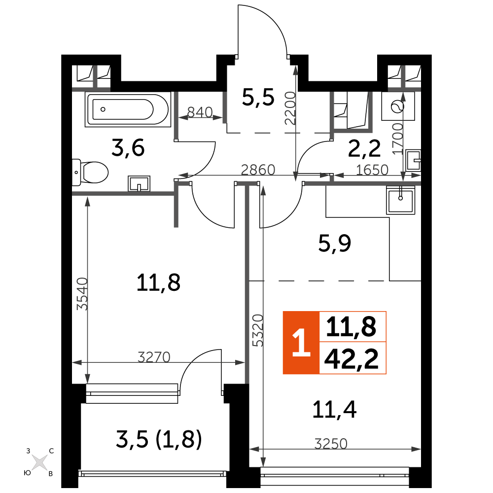 1 комн. квартира, 42.2 м², 14 этаж 