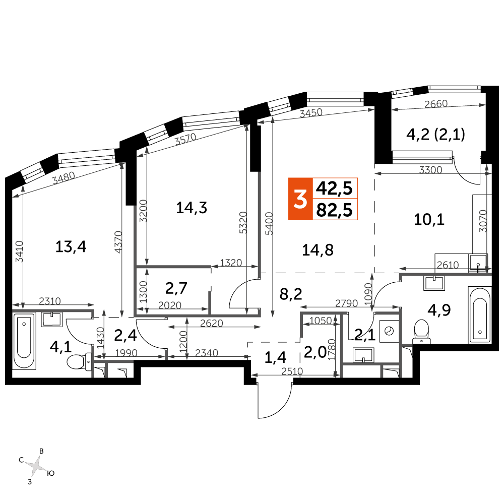 3 комн. квартира, 82.5 м², 3 этаж 