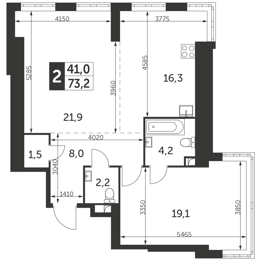 2 комн. квартира, 73.2 м², 17 этаж 
