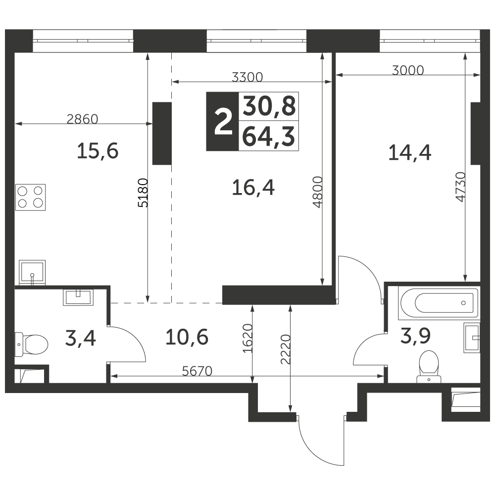 2 комн. квартира, 64.3 м², 40 этаж 