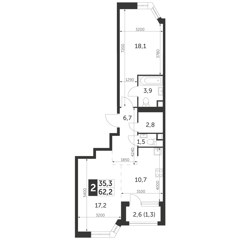 2 комн. квартира, 62.2 м², 24 этаж 