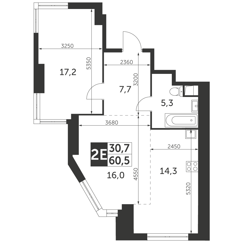 2 комн. квартира, 60.5 м², 36 этаж 
