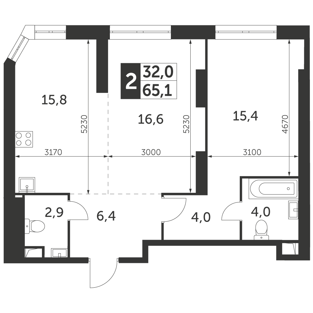 2 комн. квартира, 65.1 м², 36 этаж 