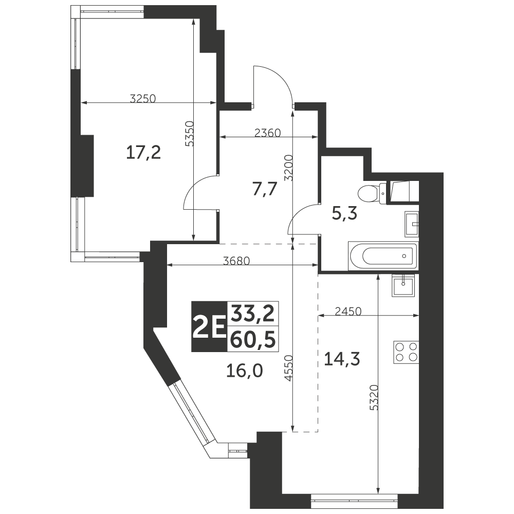 2 комн. квартира, 60.5 м², 42 этаж 