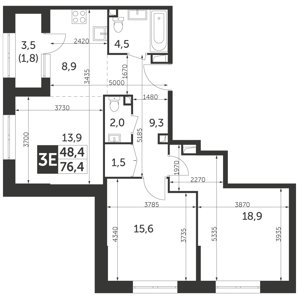 3 комн. квартира, 76.4 м², 21 этаж 