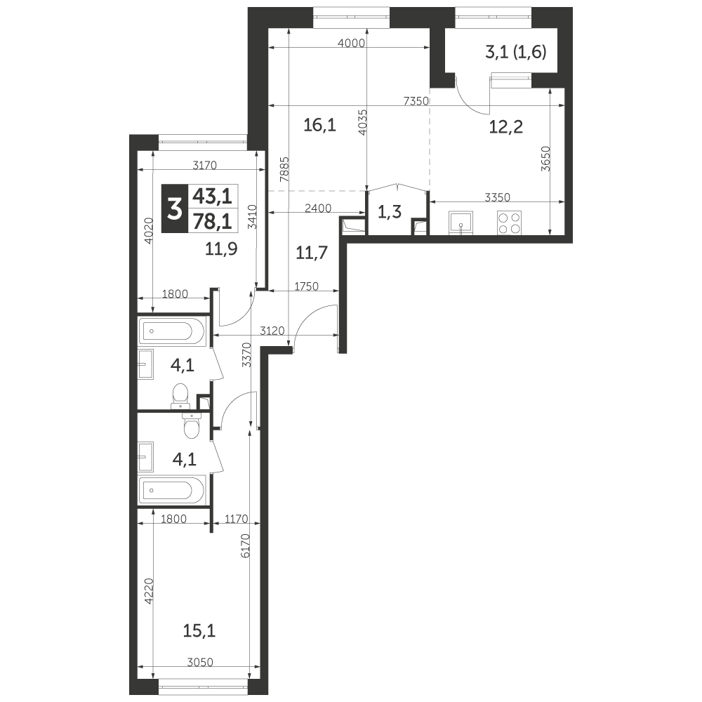 3 комн. квартира, 78.1 м², 23 этаж 