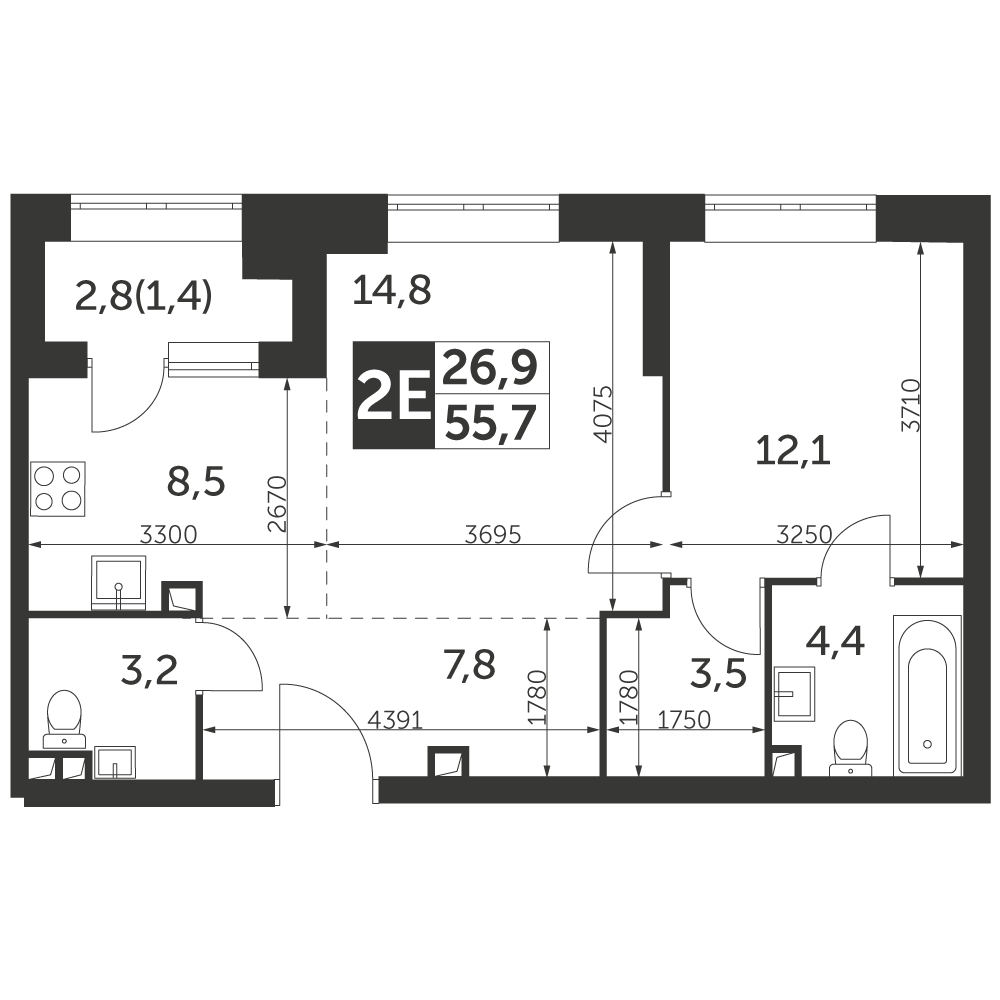 2 комн. квартира, 55.7 м², 5 этаж 