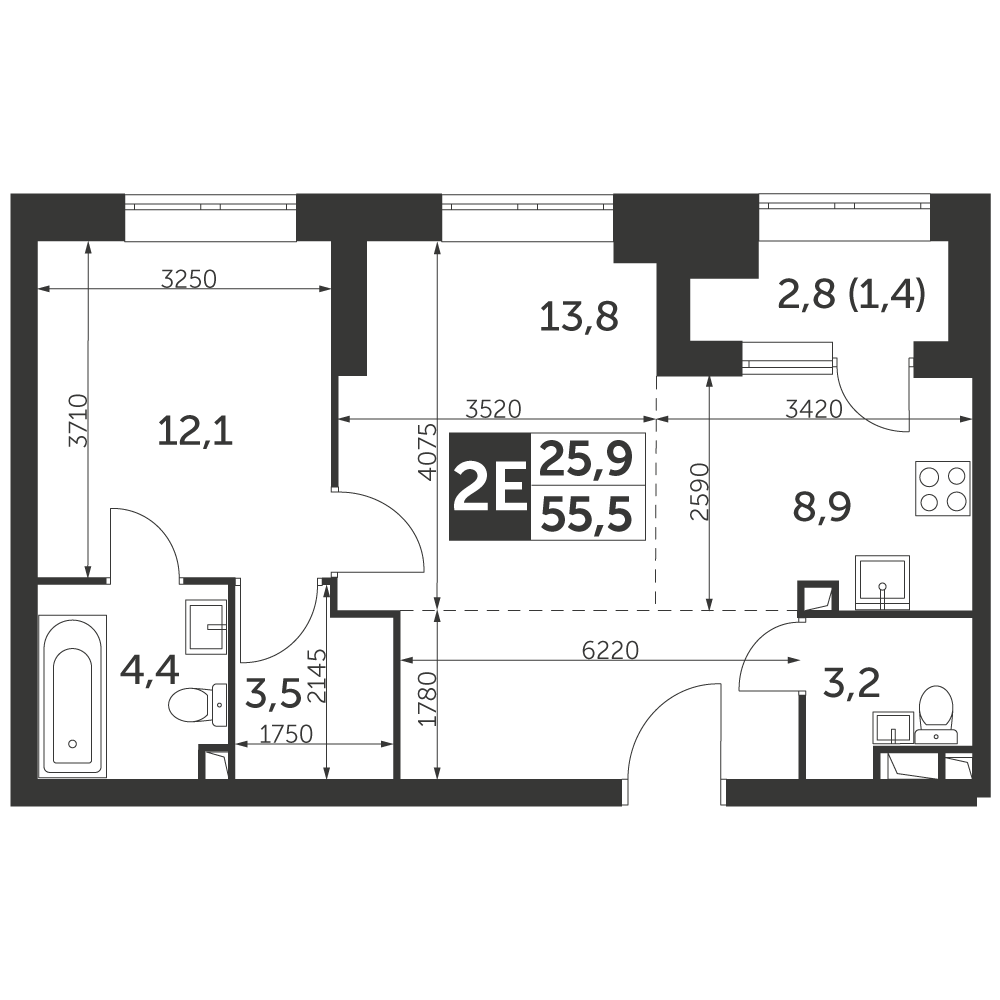 2 комн. квартира, 55.5 м², 8 этаж 