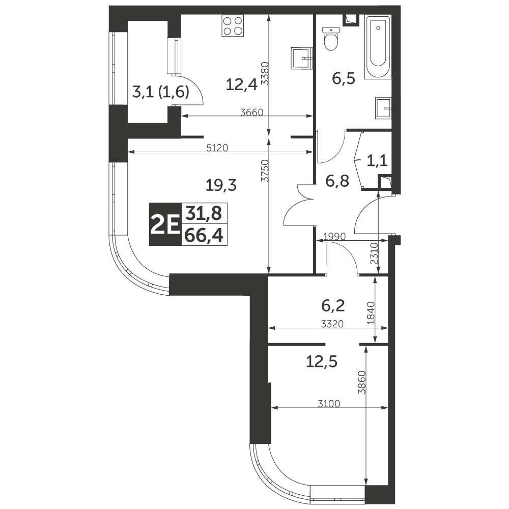2 комн. квартира, 66.4 м², 33 этаж 