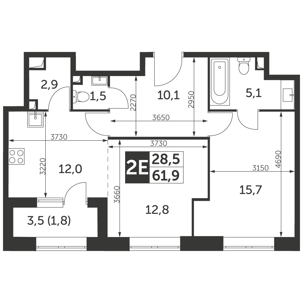 2 комн. квартира, 61.9 м², 40 этаж 