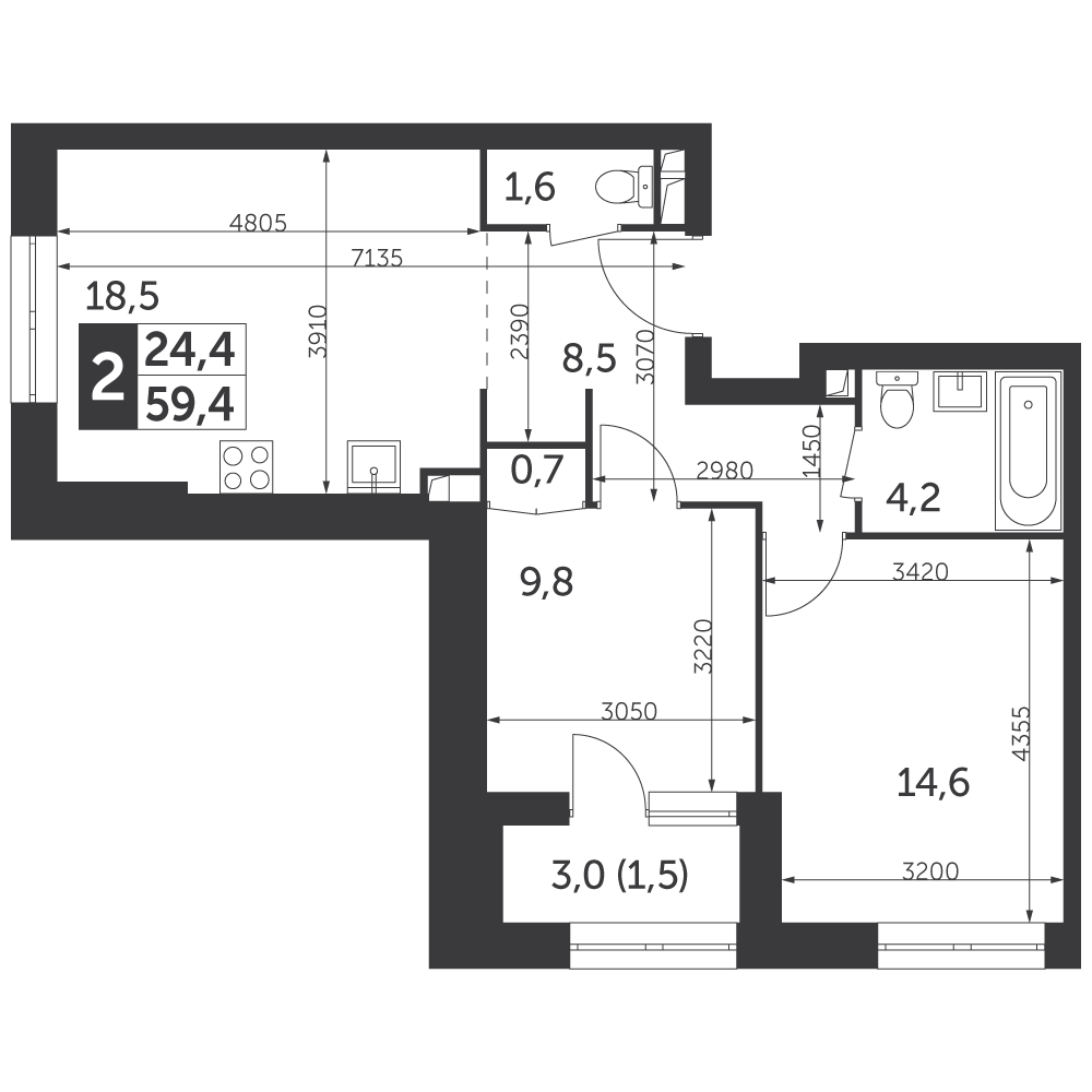 2 комн. квартира, 59.4 м², 15 этаж 