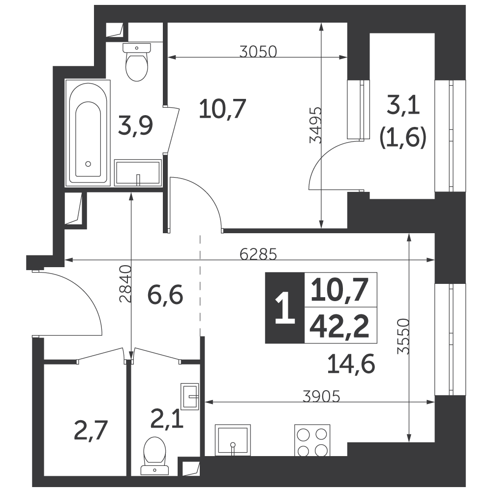 1 комн. квартира, 42.2 м², 8 этаж 