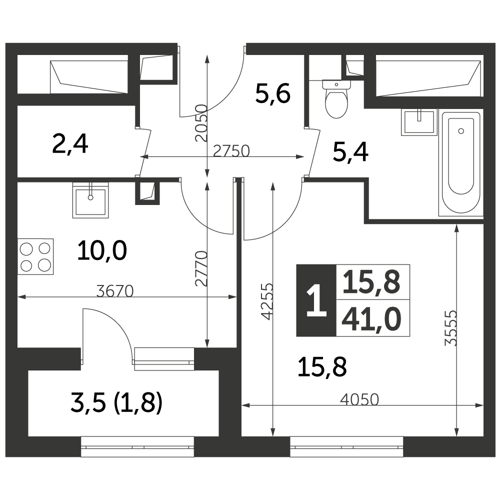 1 комн. квартира, 41 м², 35 этаж 