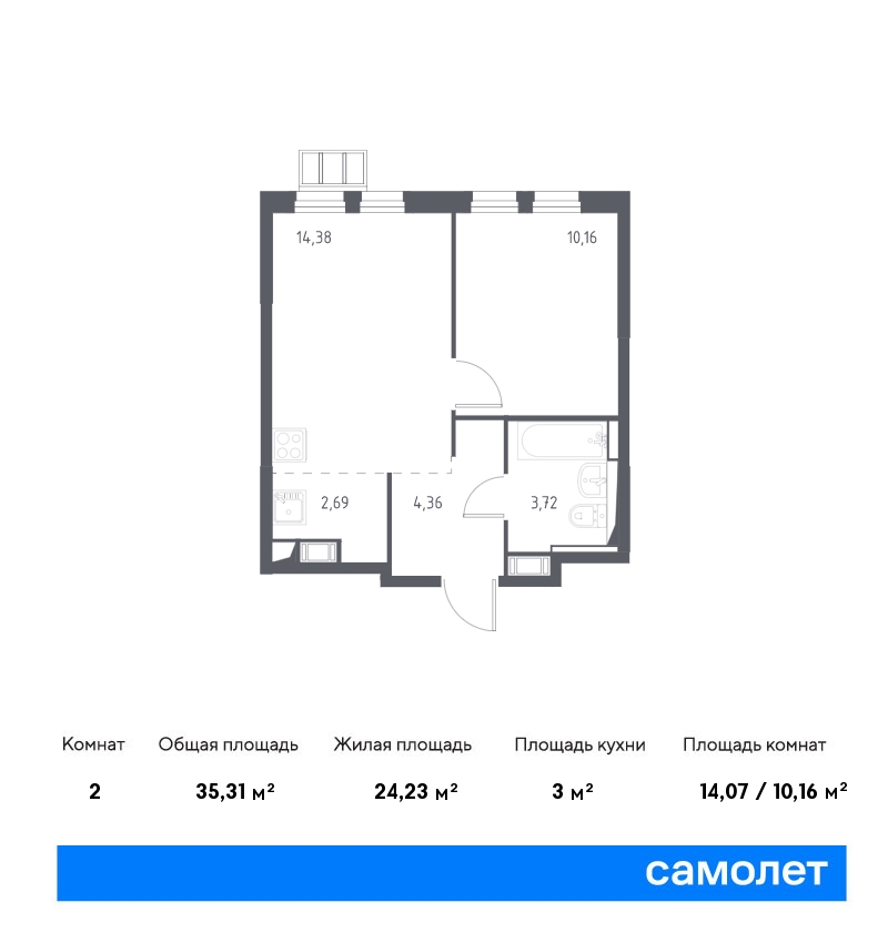 1 комн. квартира, 35.3 м², 15 этаж  (из 17)