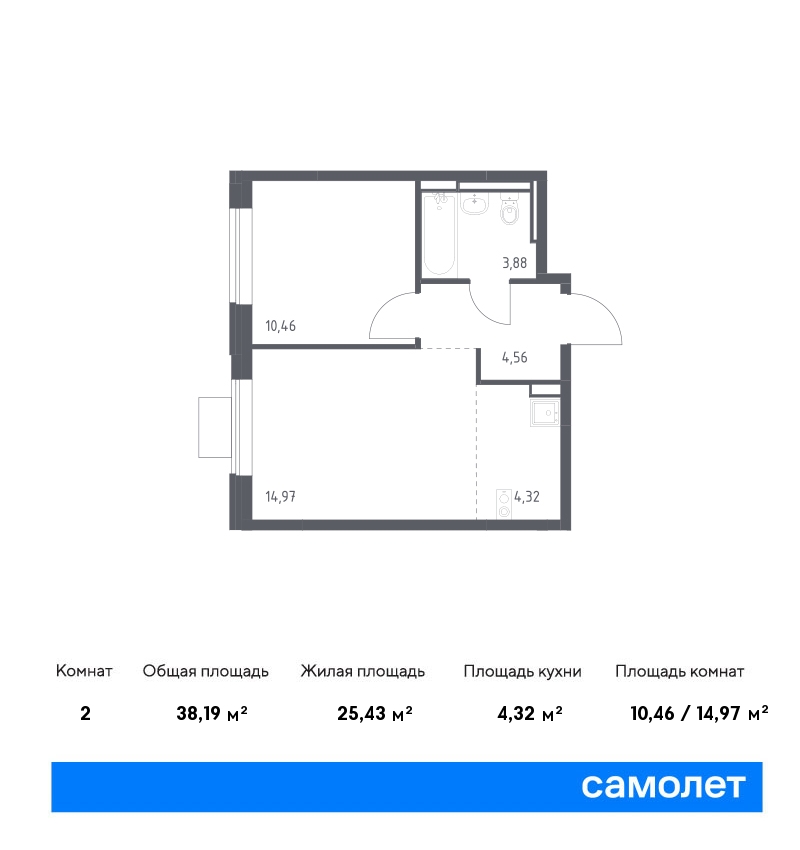 1 комн. квартира, 38.2 м², 12 этаж  (из 12)