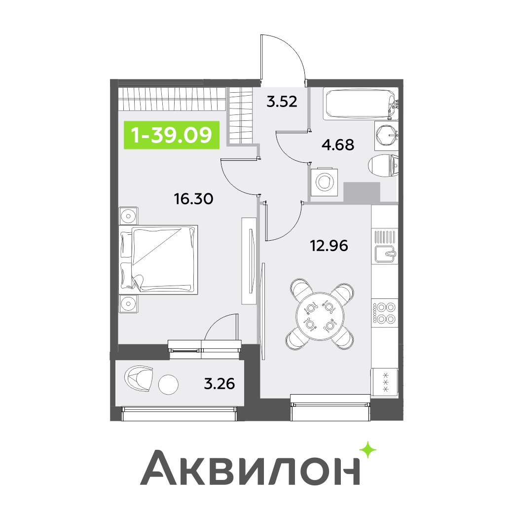 1 комн. квартира, 39.1 м², 3 этаж 