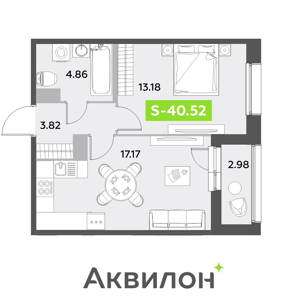 1 комн. квартира, 40.5 м², 12 этаж 