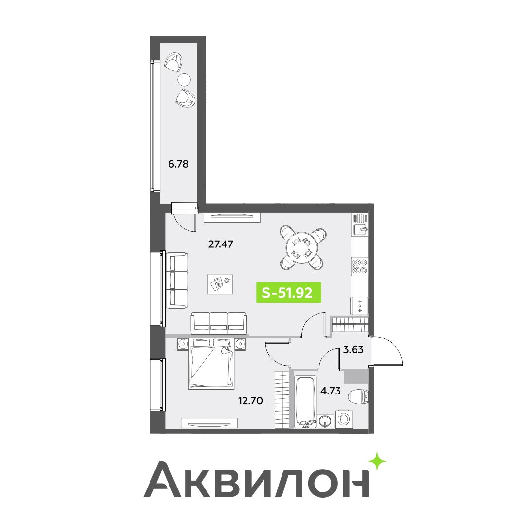 1 комн. квартира, 51.9 м², 12 этаж 