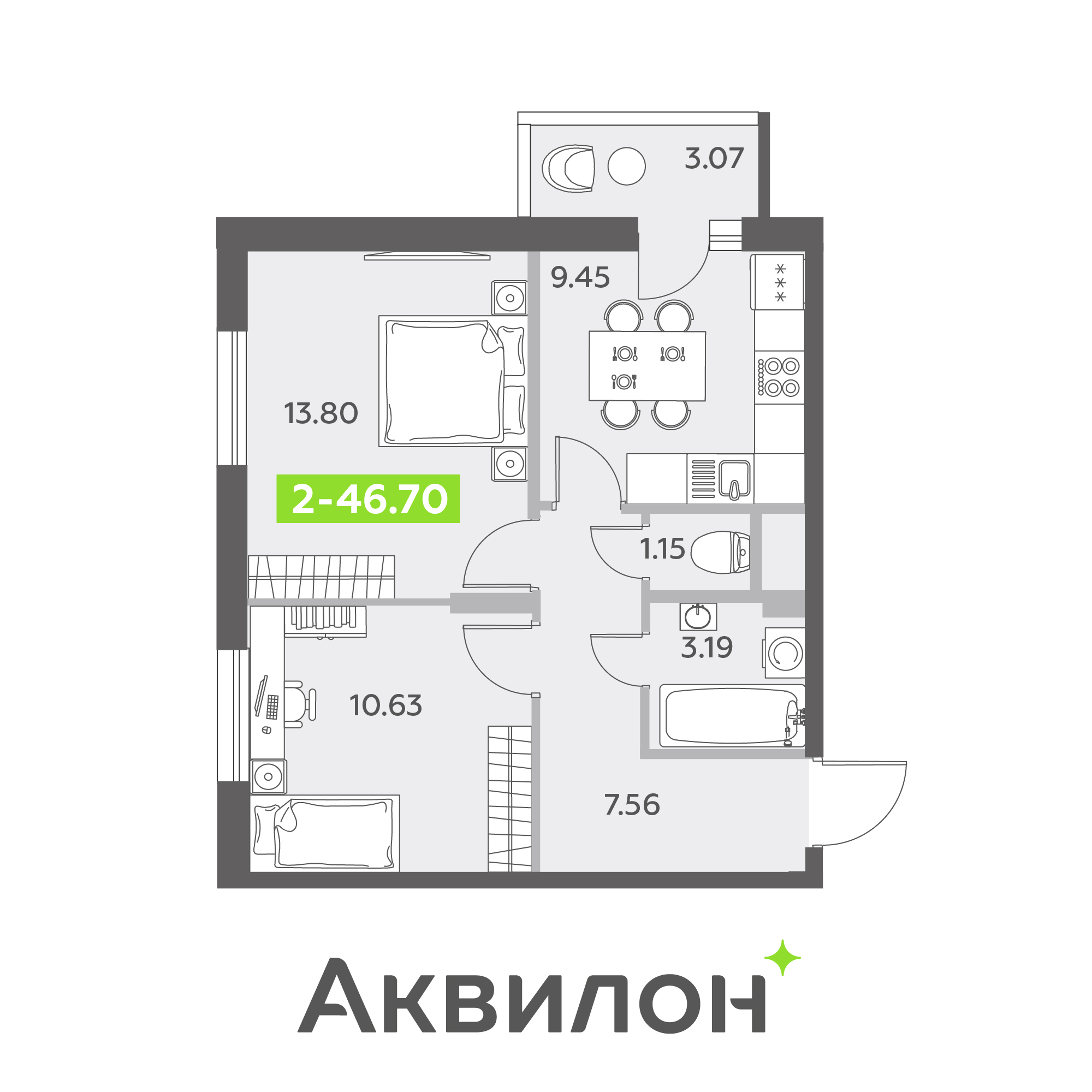 2 комн. квартира, 46.7 м², 12 этаж 