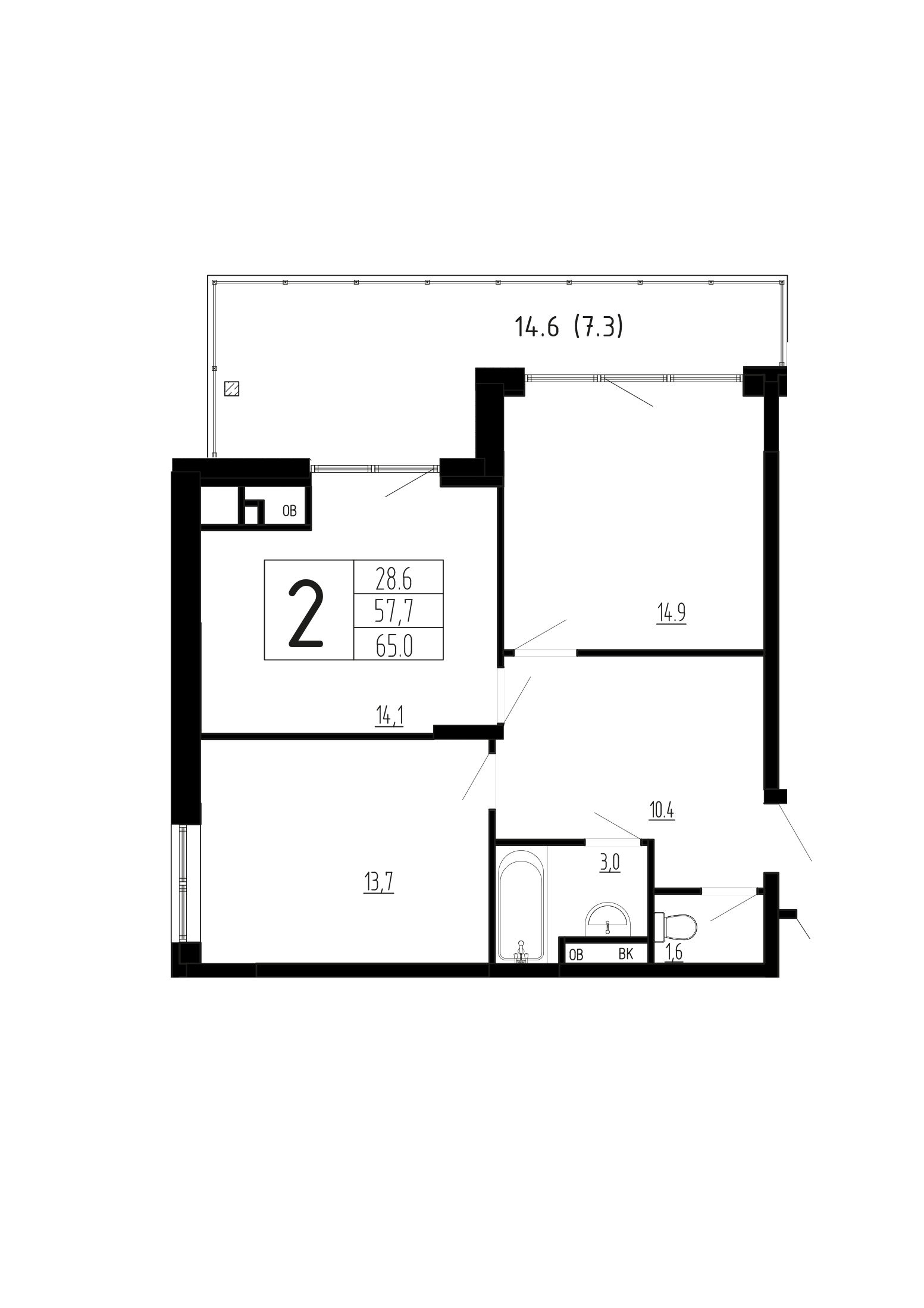 2 комн. квартира, 65 м², 2 этаж 