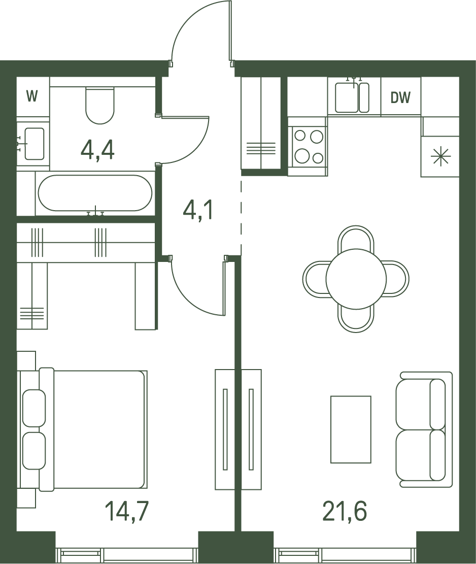 1 комн. квартира, 44.8 м², 3 этаж 