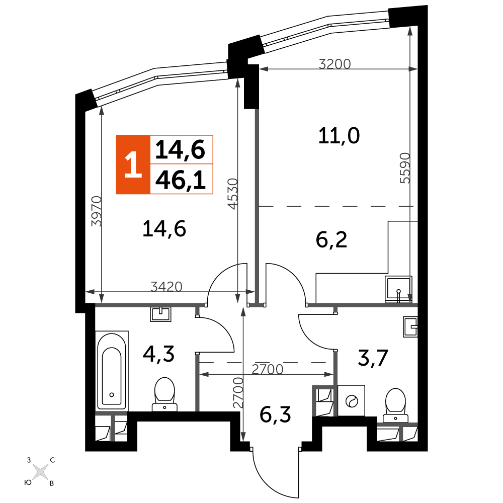 1 комн. квартира, 46.1 м², 5 этаж 
