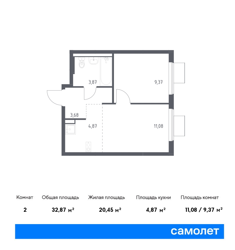 1 комн. квартира, 32.9 м², 11 этаж  (из 17)