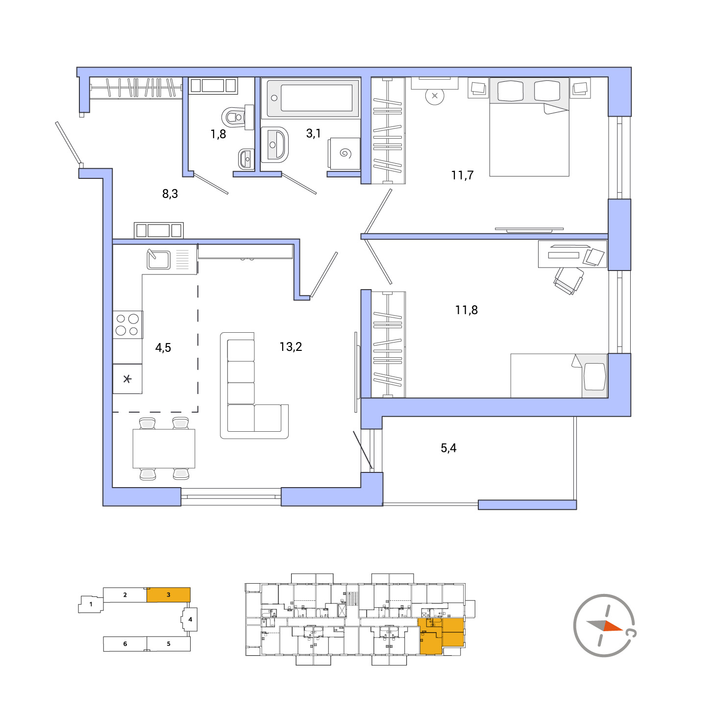 3 комн. квартира, 60.1 м², 4 этаж 