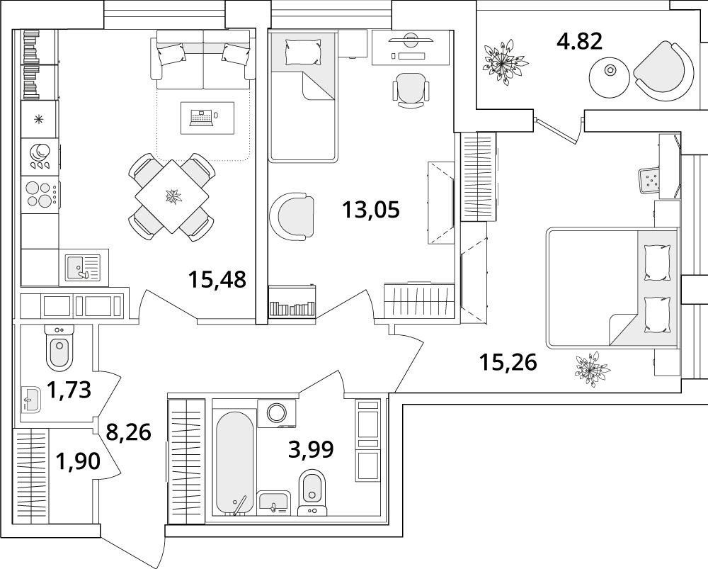 2 комн. квартира, 62.1 м², 16 этаж 