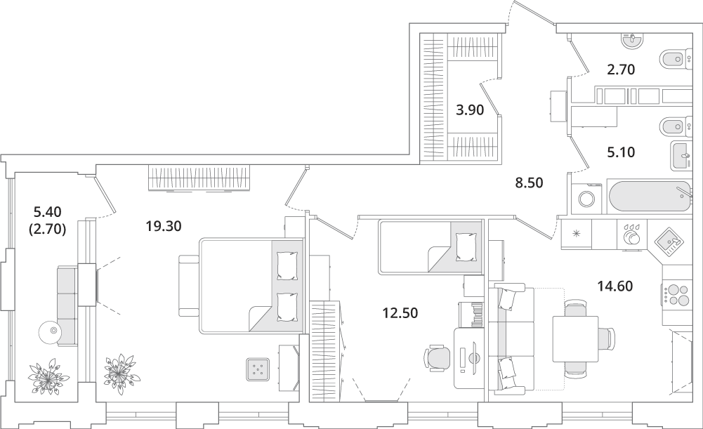 2 комн. квартира, 69.3 м², 12 этаж 