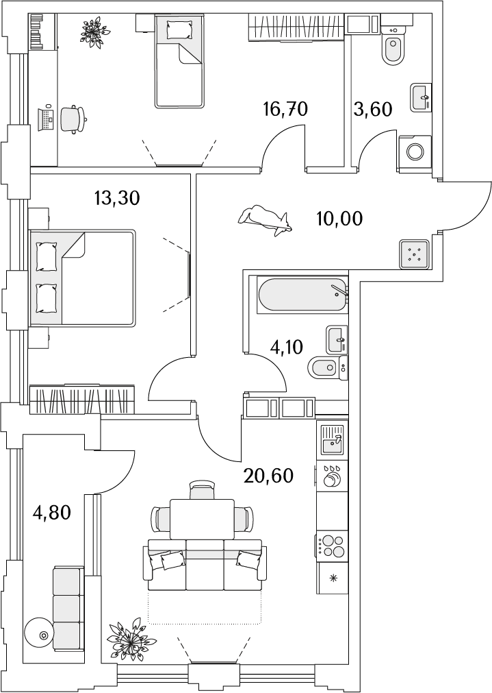 2 комн. квартира, 70.7 м², 2 этаж 