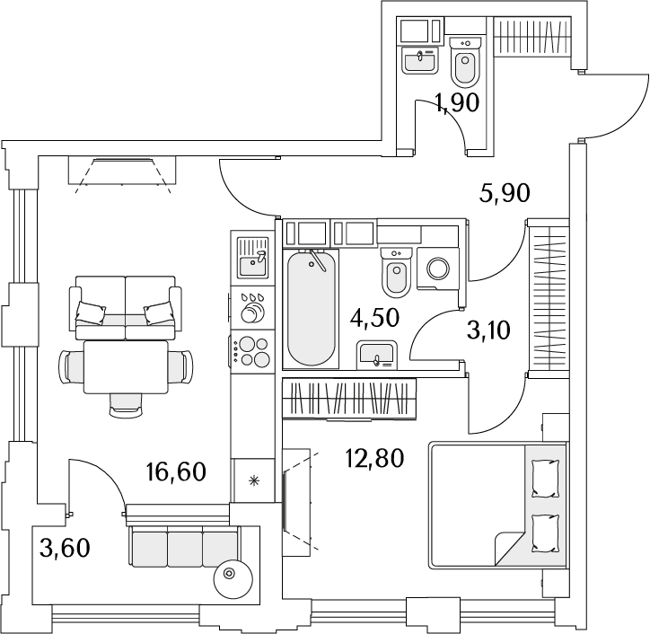 1 комн. квартира, 46.6 м², 8 этаж 