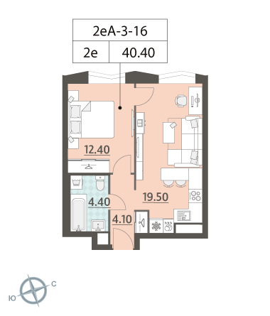 1 комн. квартира, 40.4 м², 16 этаж 