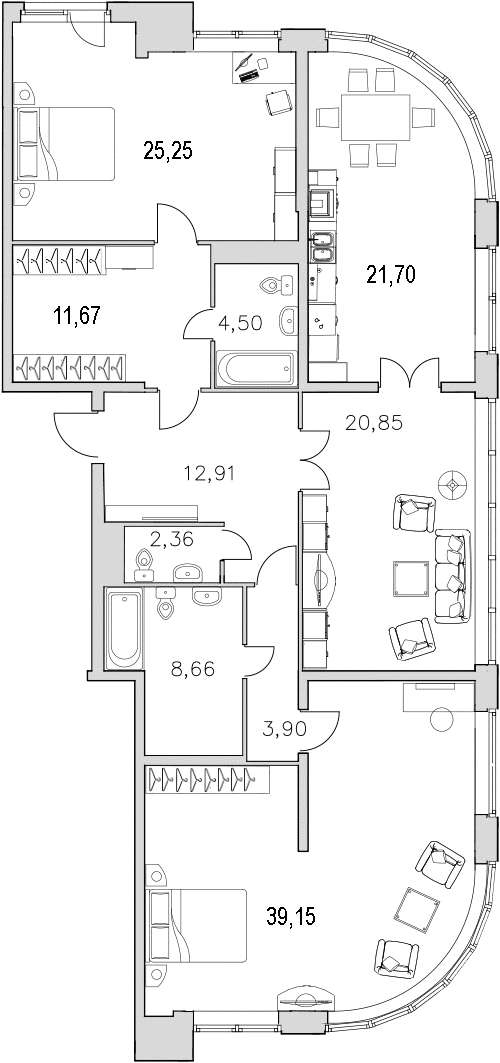 2 комн. квартира, 150.2 м², 4 этаж 