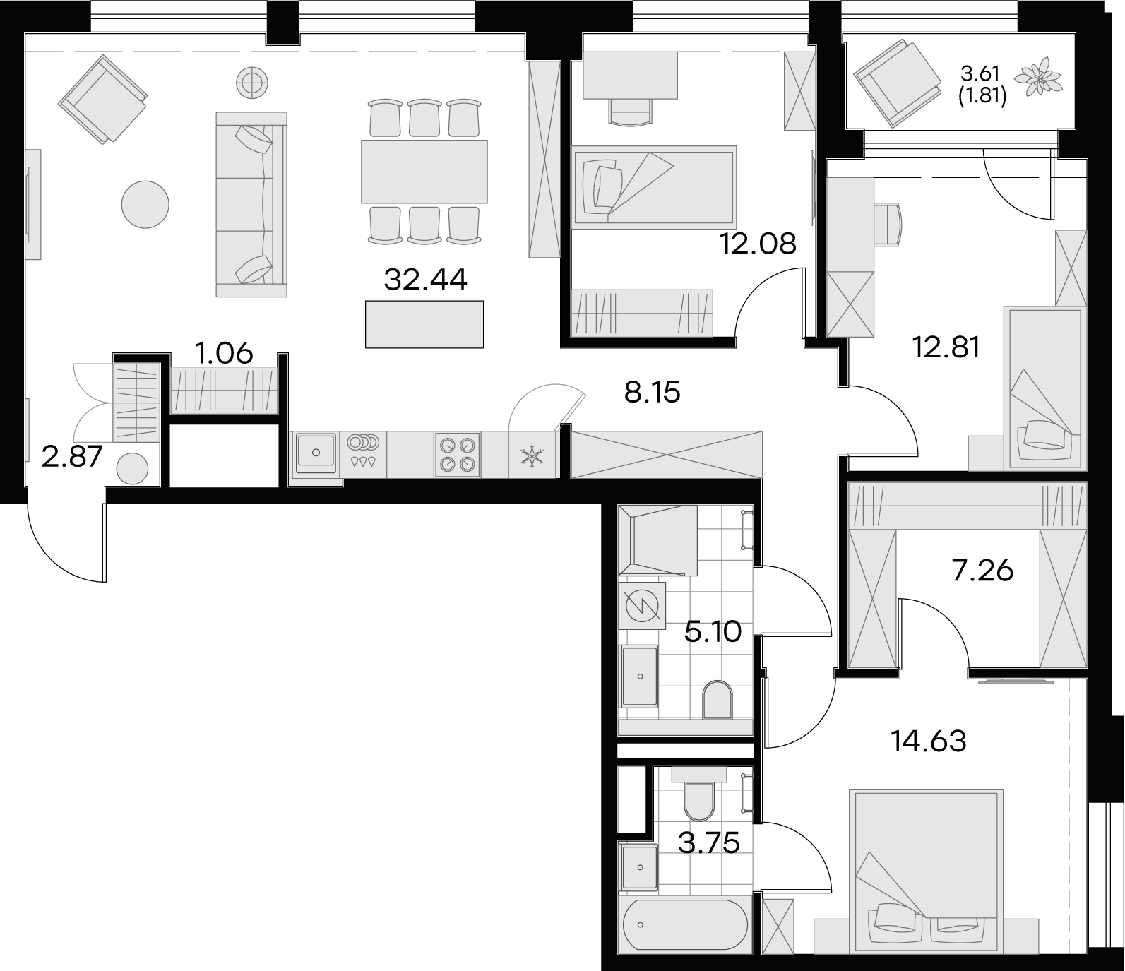 2 комн. квартира, 102 м², 3 этаж 
