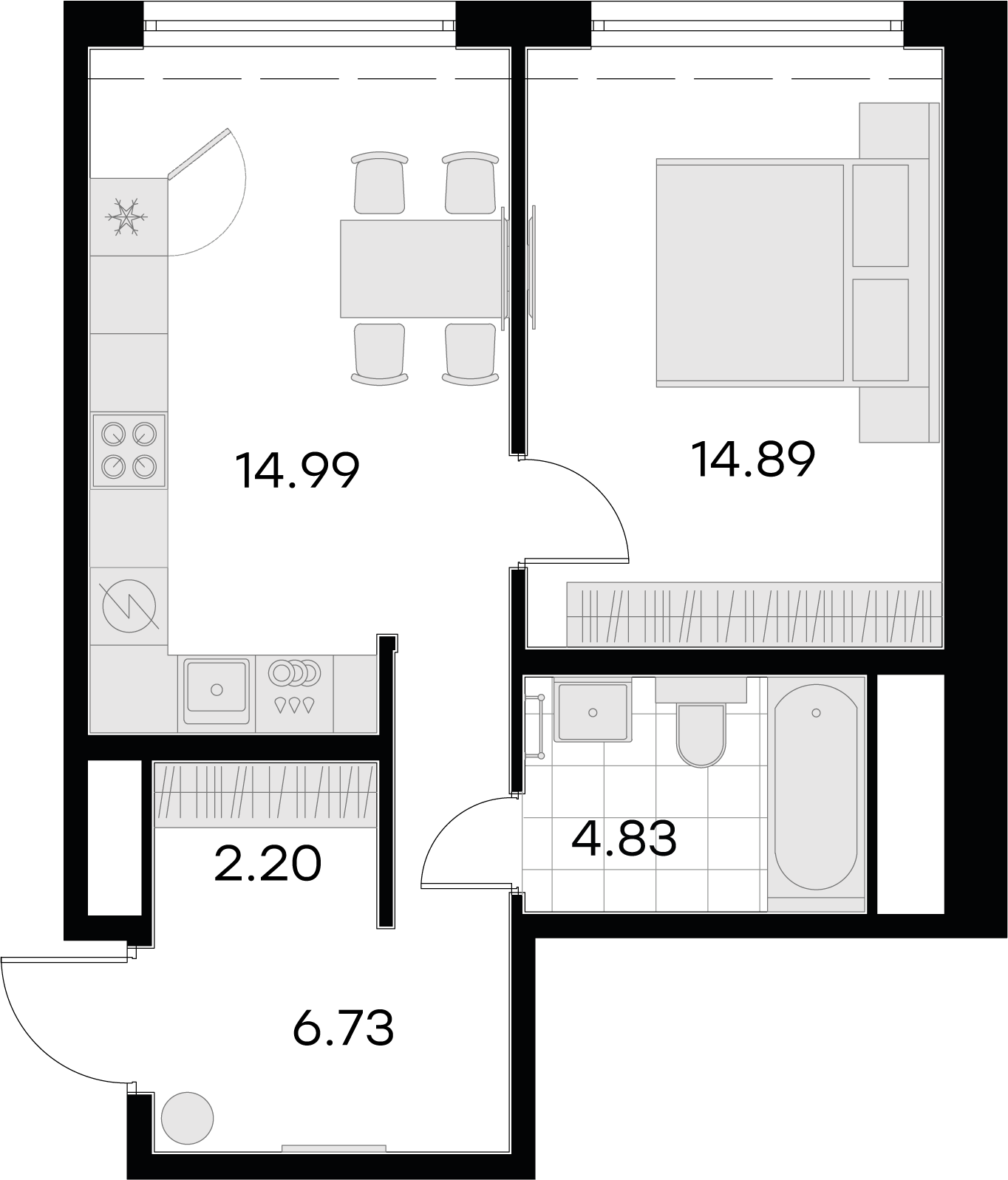 1 комн. квартира, 43.6 м², 5 этаж 